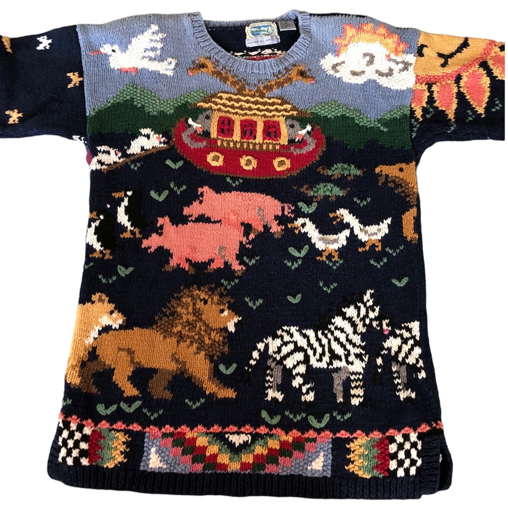 Vintage Novelty Hand-Knit Sweater Navy Animals Noah’s Arc Animals Medium